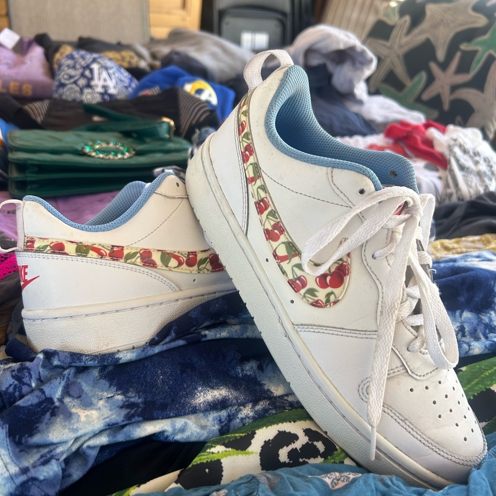 Nike Women's White Sneakers with Cherry-Print Swoosh